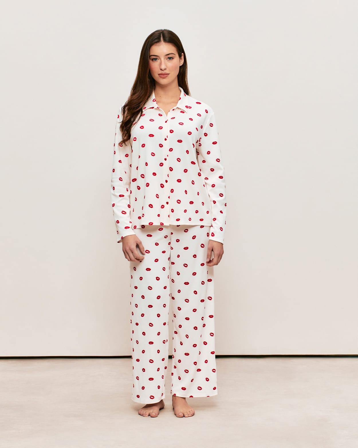 Ribbed jersey trousers with lip pattern;