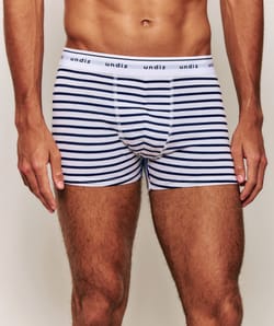Blue horizontal striped boxer shorts;