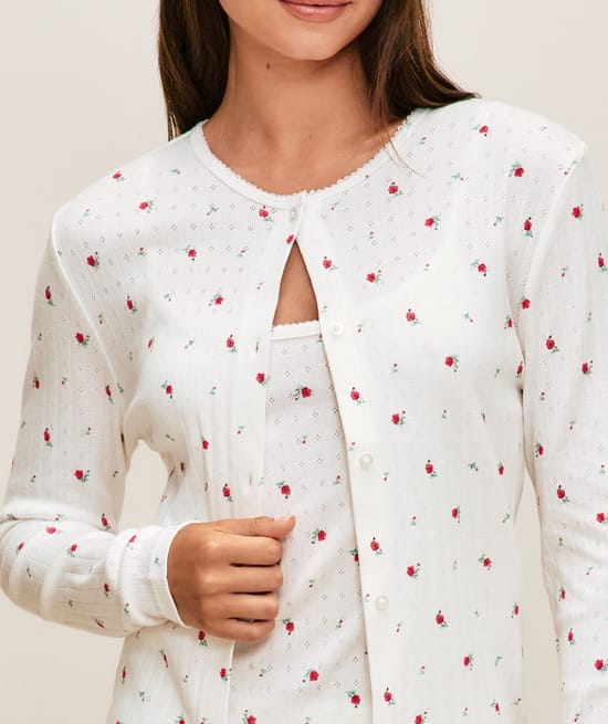 Cardigan en pointelle &agrave; imprim&eacute; fleurs;