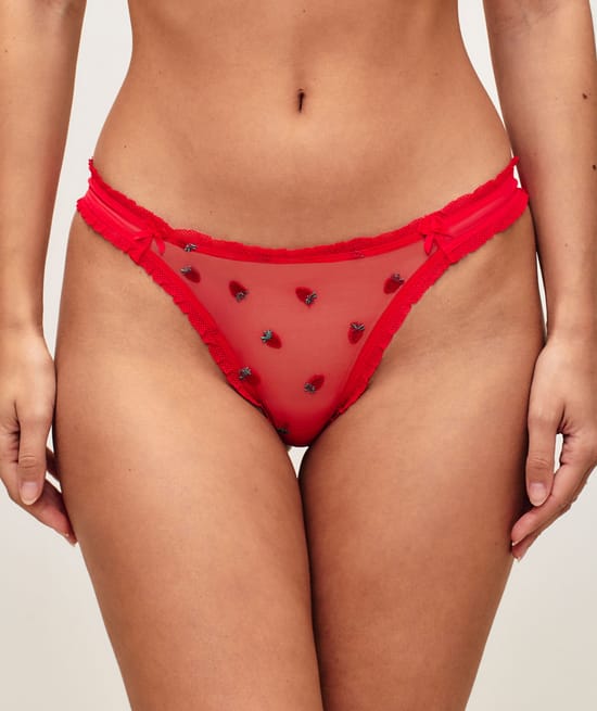 Tulle thong with strawberry embroidery;