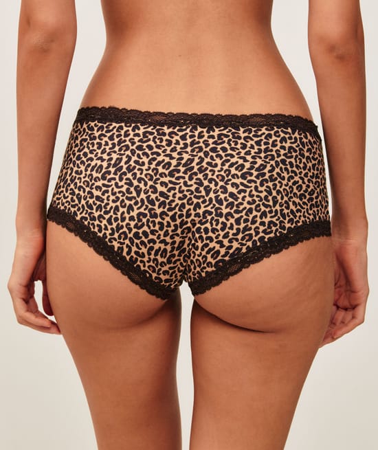 Shorty in microfiber and leopard print lace;