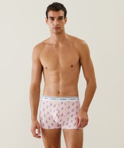 Purple patterned boxer shorts;
