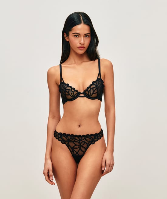 Mesh balconette bra with floral embroidery;