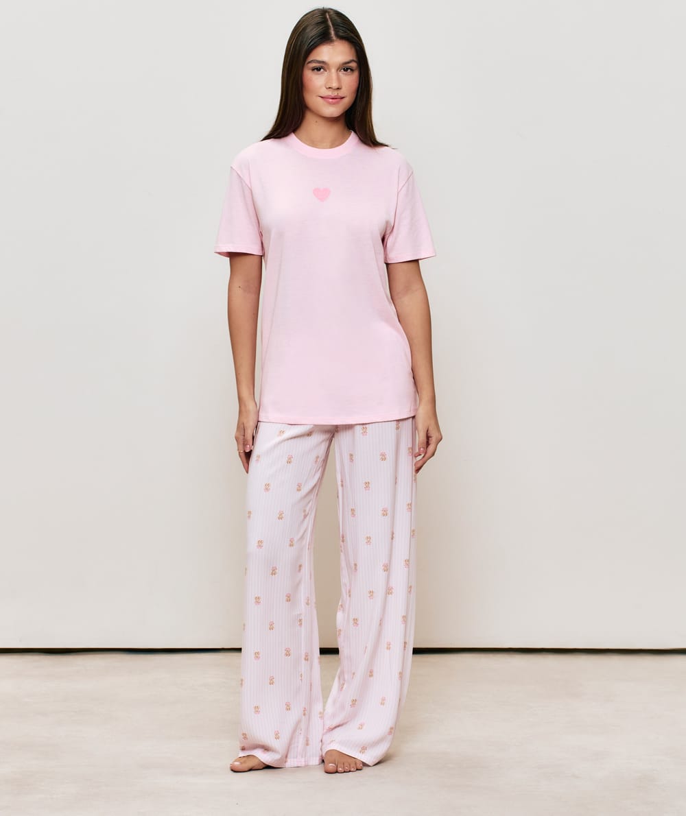 Striped teddy bear pattern trousers;