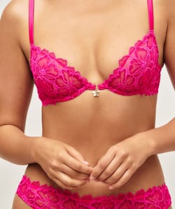 Lace balconette bra with floral embroidery and jewel detail;