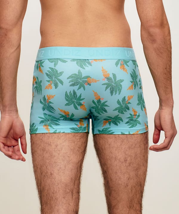 Microfiber boxer shorts with palm and banana patterns;