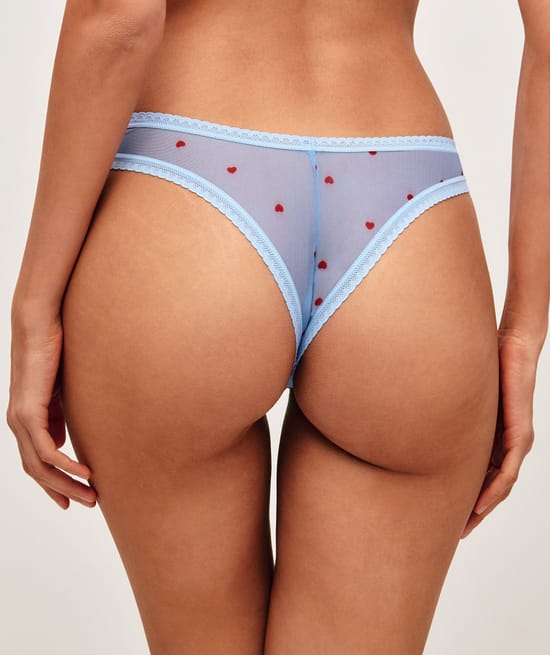 Mesh thong with heart print;