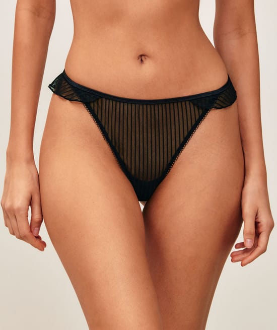 Striped mesh ruffled thong;