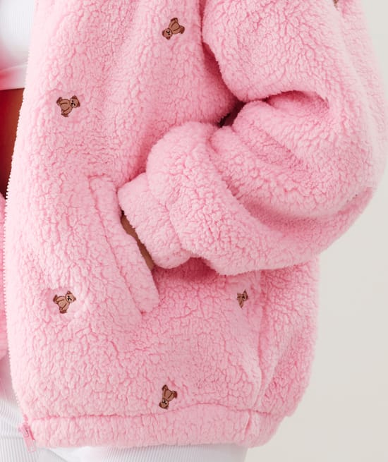 Fleece jacket with teddy bear embroidery;