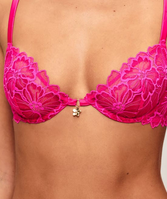 Lace balconette bra with floral embroidery and jewel detail;