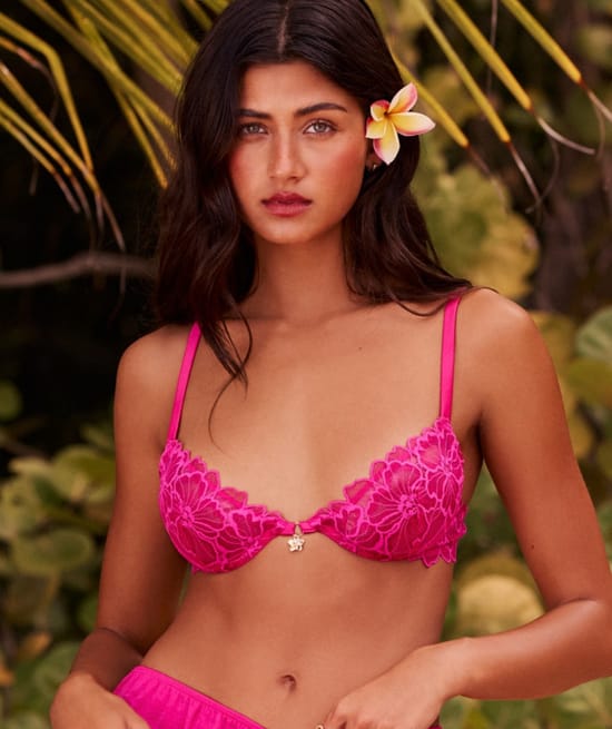 Lace balconette bra with floral embroidery and jewel detail;