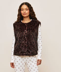 Sleeveless faux fur leopard print jacket;