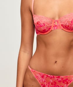 Mesh balconette bra with floral embroidery;