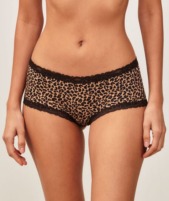 Shorty in microfiber and leopard print lace;