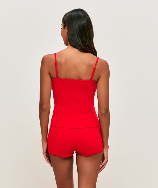 Top red knitted tank top with satin knots;