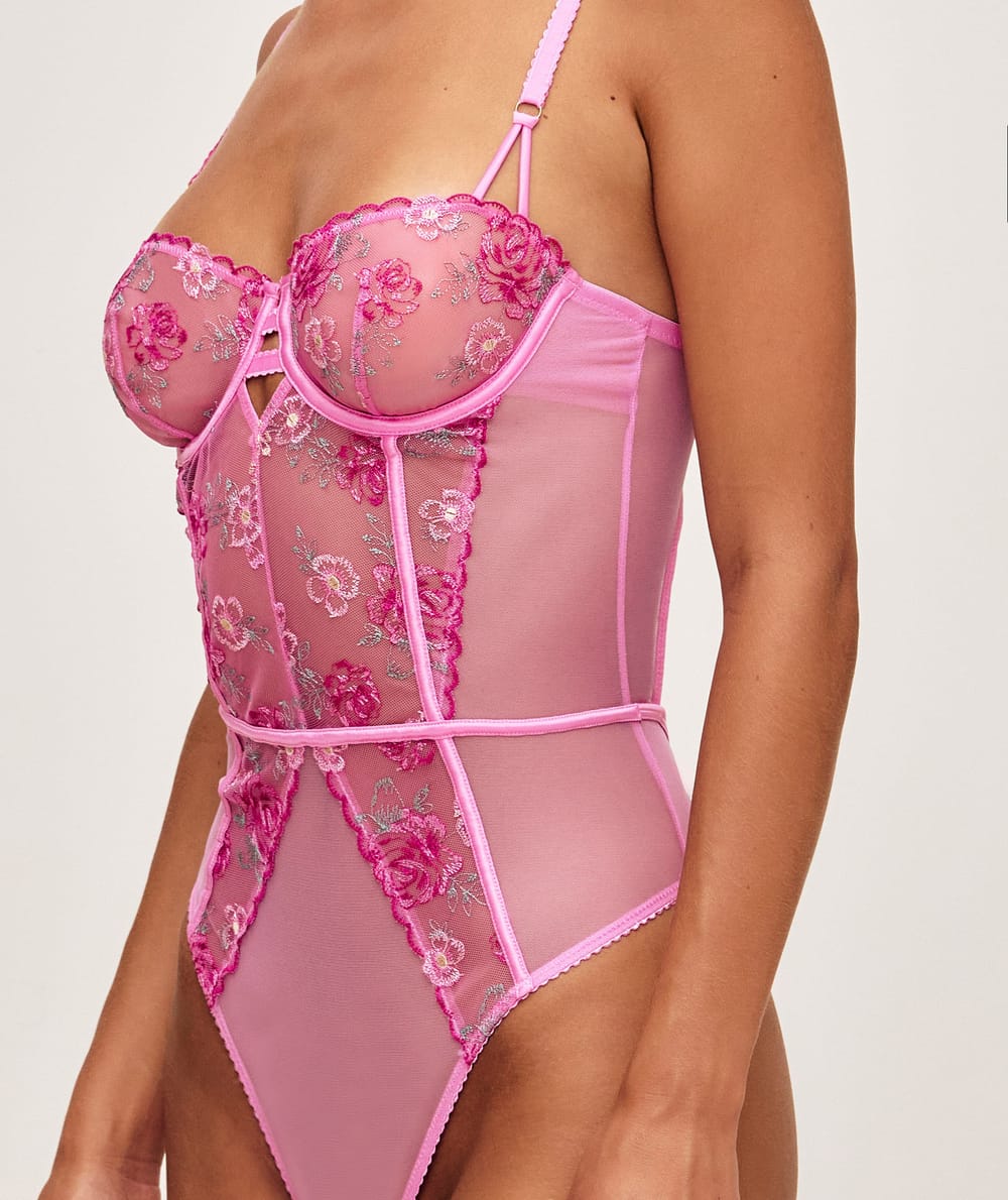 Mesh body and floral embroidery;