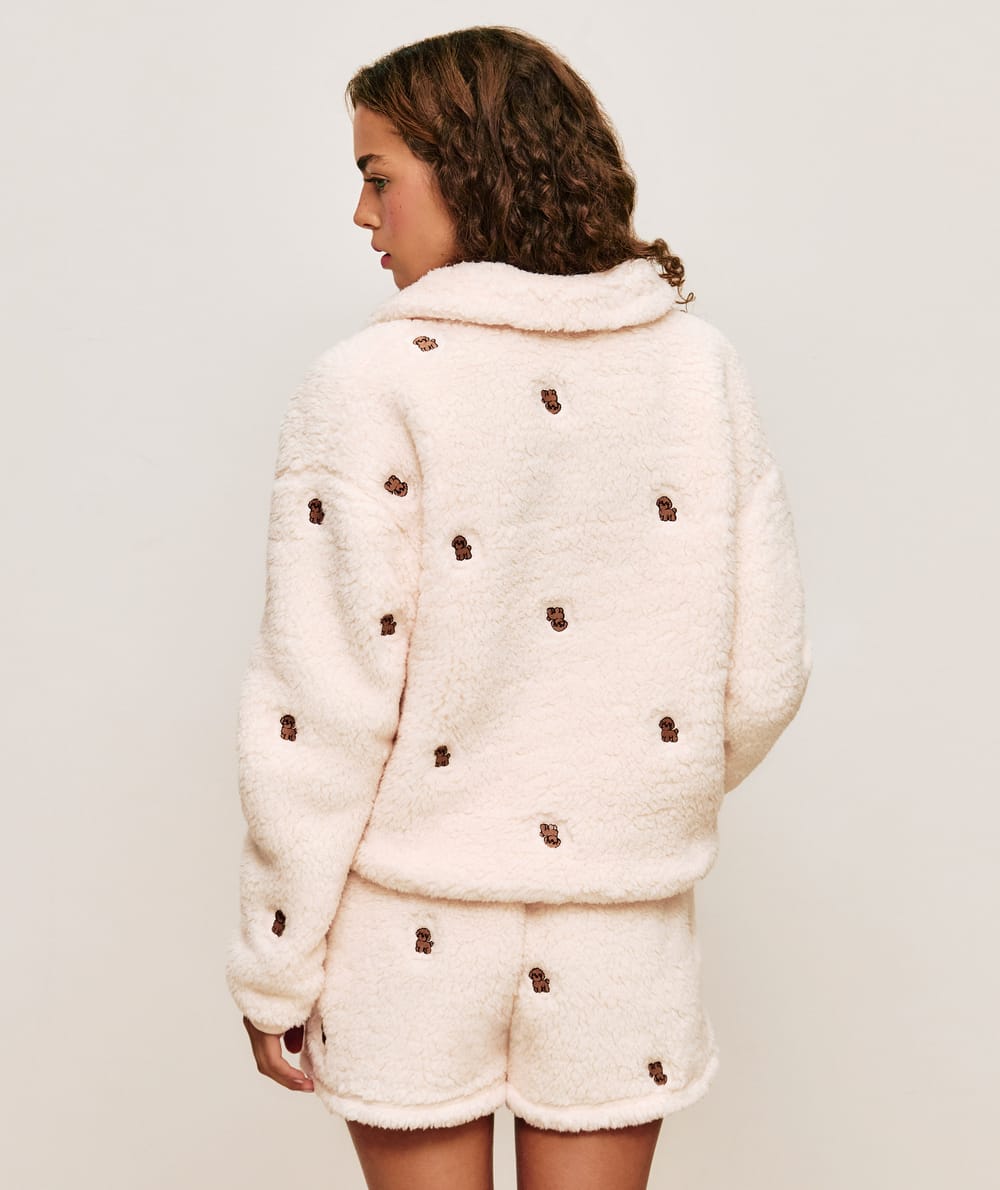 Chaqueta de sherpa bordada con estampados de perros;