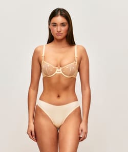 Mesh balconette bra with embroidered lemons;