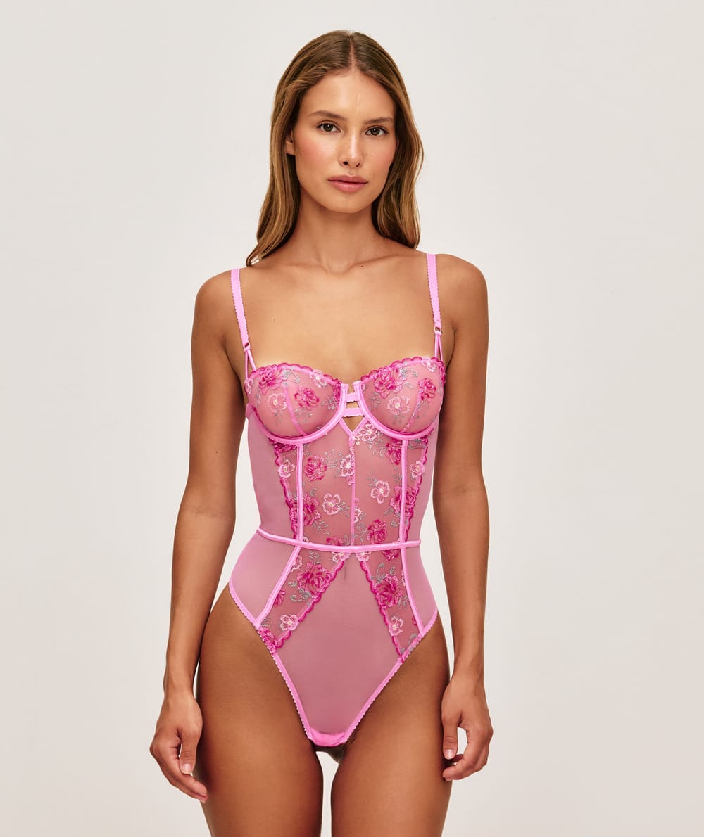 Mesh body and floral embroidery;