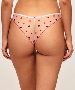 Microfiber and mesh thong with embroidered hearts and ladybugs;