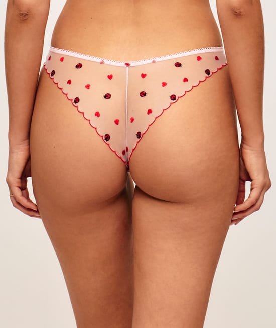 Microfiber and mesh thong with embroidered hearts and ladybugs;