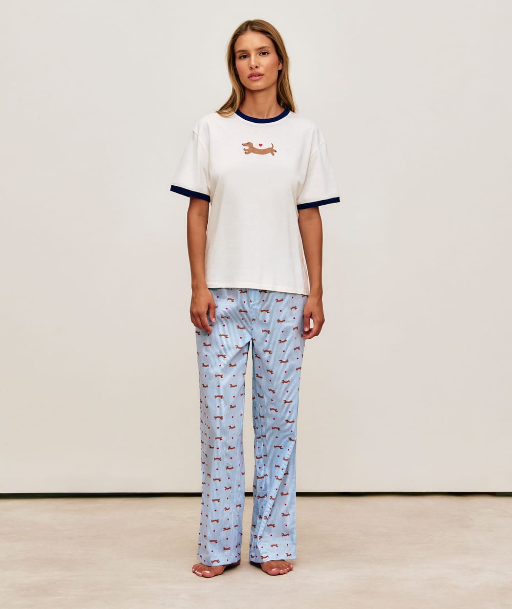 Striped poplin trousers with dachshunds print;