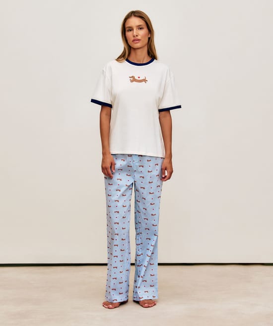 Striped poplin trousers with dachshunds print;