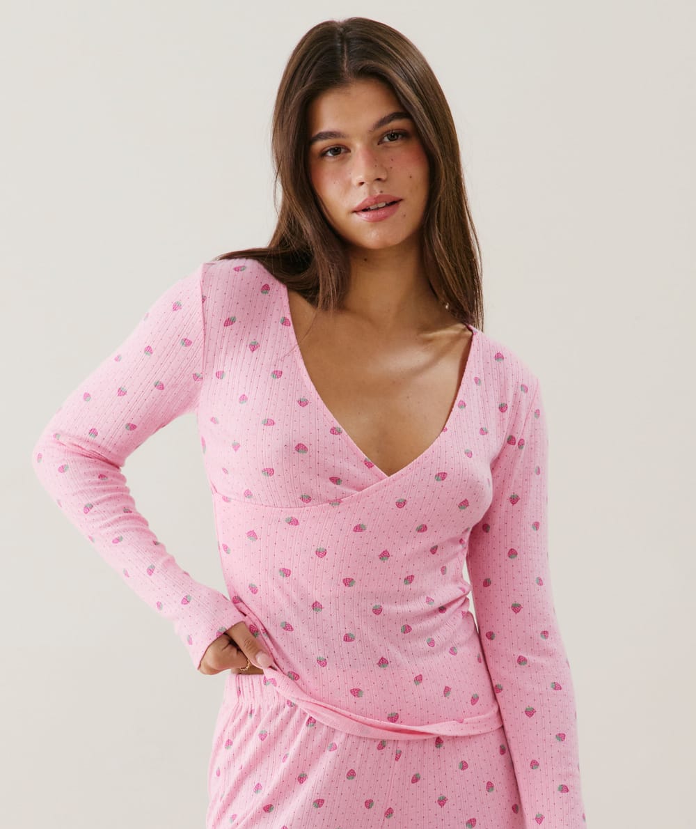 Wrap-front pointelle T-shirt with strawberry pattern;