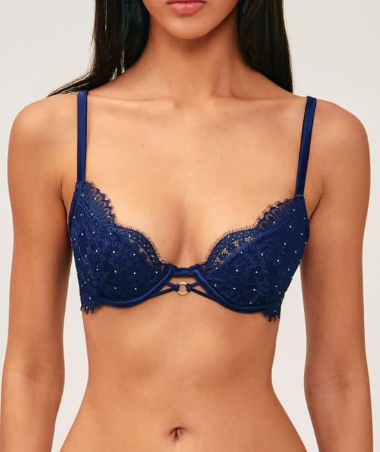 Lace push-up bra with silver rhinestones;