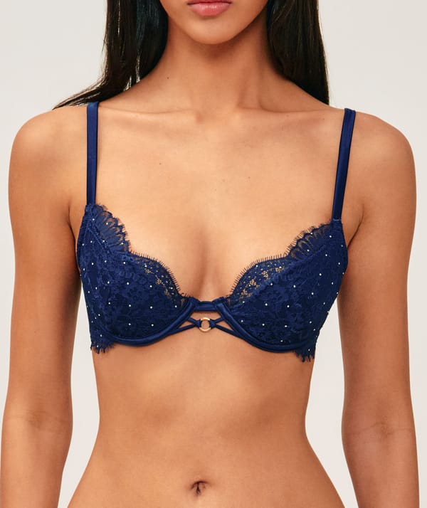 Lace push-up bra with silver rhinestones;