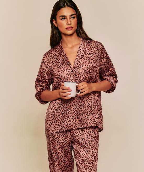 Chemise en satin imprim&eacute; l&eacute;opard;