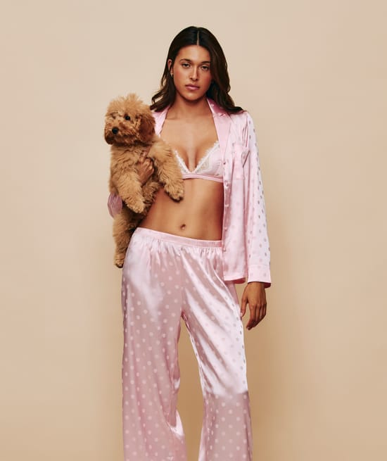 Satin polka dot trousers;