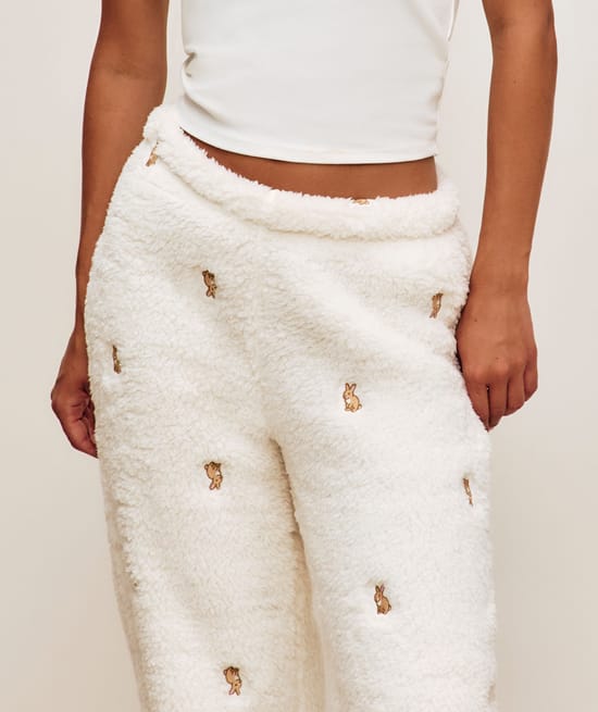 Sherpa fleece pants with bunny embroidery;
