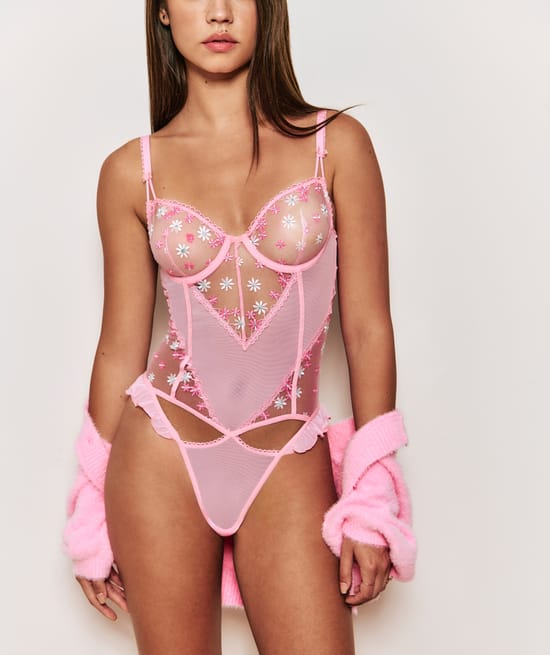 Underwired bodysuit with embroidered floral patterns;